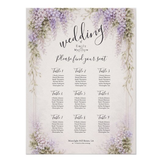 Regency Wisteria Bruiloft Zitplaatskaart Poster (Voorkant)