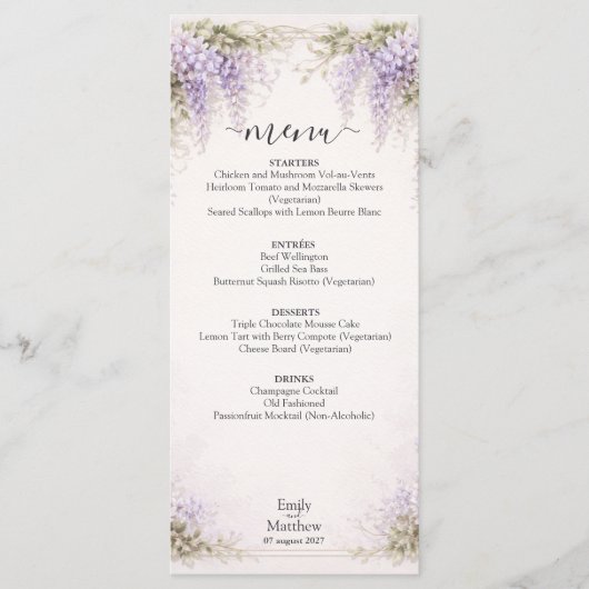 Regency Wisteria Wedding Menu Card (Voorkant)