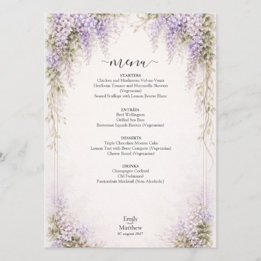 Regency Wisteria Wedding Menu Card (Voorkant)