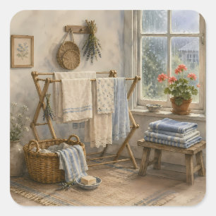 Regendag Cottage Waskamer Vierkante Sticker
