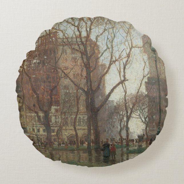 Regendag, Madison Square, New York, Paul Cornoyer Rond Kussen (Voorkant)