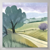Regendag | Natuur Waterverf Heuvellandschap Poster (Voorkant)