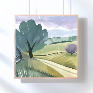 Regendag   Natuur Waterverf Heuvellandschap  Poster