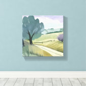 regendag | Natuur Waterverf Hills Landschap Canvas Afdruk (Insitu (Houten vloer))