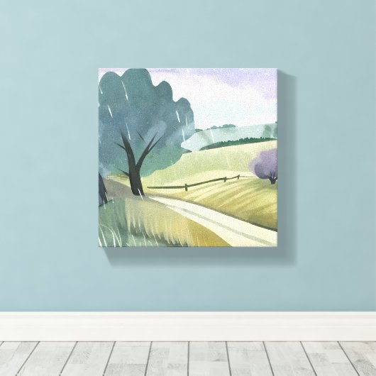 regendag | Natuur Waterverf Hills Landschap Canvas Afdruk (Insitu (Houten vloer))