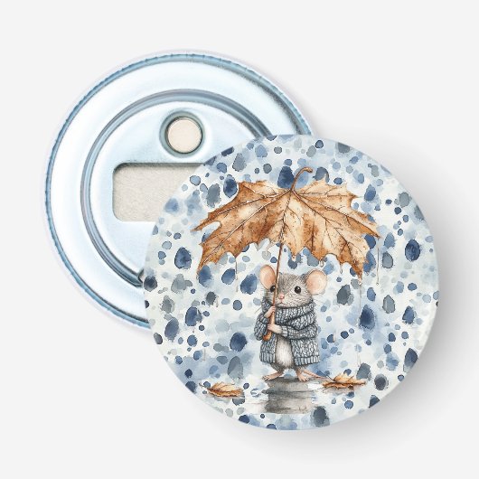 Regendagen Blauwe Muis Blad Paraplu Button Flesopener (Voorkant)