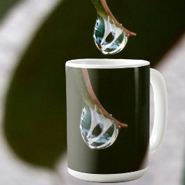Regendruppel op bladpunt met fotografisch monogram koffiemok