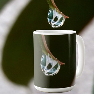 Regendruppel op bladpunt met fotografisch monogram koffiemok