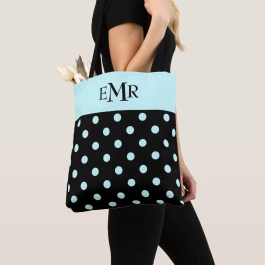Regendruppels Blau Stippen op Zwarte Monogram Tote Bag (Dichtbij)