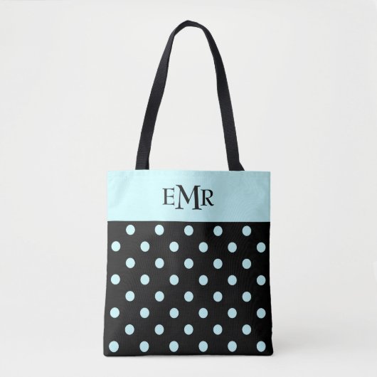 Regendruppels Blauwe Polka stippen op Zwart Monogr Tote Bag (Voorkant)