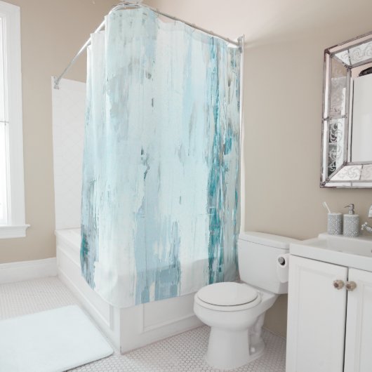 'Regendruppels' Blauwgroen en beige Abstracte kuns Douchegordijn (In situ)