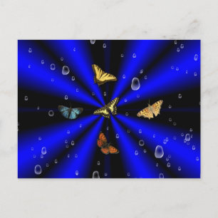 Regendruppels en vlinder op zwart en blauw briefkaart