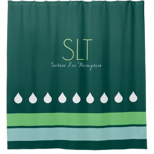regendruppels met groen monogram douchegordijn (Voorkant)