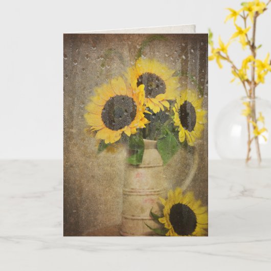 regendruppels op zonnebloempet kaart (Gele Bloem)