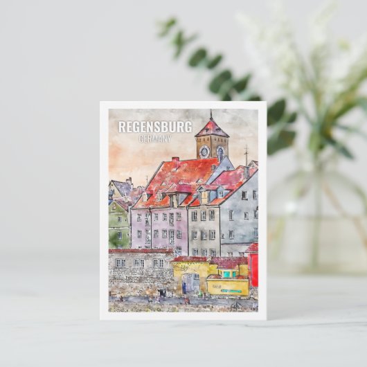 Regensburg Duitsland Beroemde Reisplaats Waterverf Briefkaart (Staand voorkant)