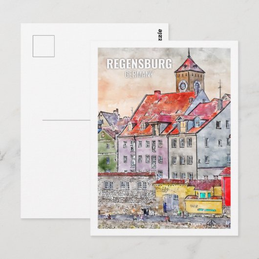 Regensburg Duitsland Beroemde Reisplaats Waterverf Briefkaart (Voorkant / Achterkant)