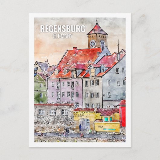 Regensburg Duitsland Beroemde Reisplaats Waterverf Briefkaart (Voorkant)