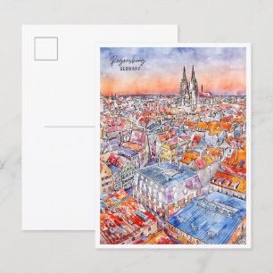 Regensburg Duitsland vintage reizen waterverf Briefkaart