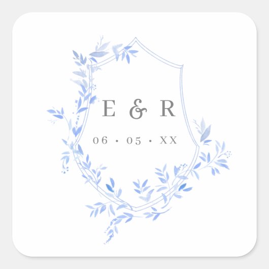 Regent Blue Leaves Crest Monogram Vierkante Sticker (Voorkant)