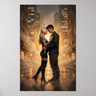 Regenverlichte geliefden in een gouden straatposte poster