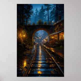 Regenverlichte spoorlijn door de stille bossen pos poster