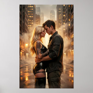 Regenverlichte Stad Omhelzing in Gouden Nevel Post Poster