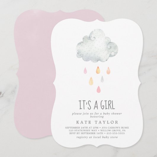 Regenwolk Het is een meisjesuitnodiging voor Baby  Kaart (Voorkant / Achterkant)