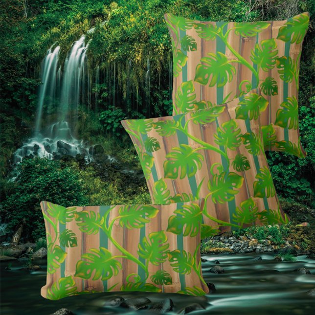 Regenwoud Dromen Tropische Philodendron Bamboe Kussen (Tropical dreaming)