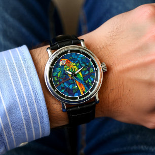 "Regenwoud Radiance" - Glas-in-lood Papegaai Wand Horloge