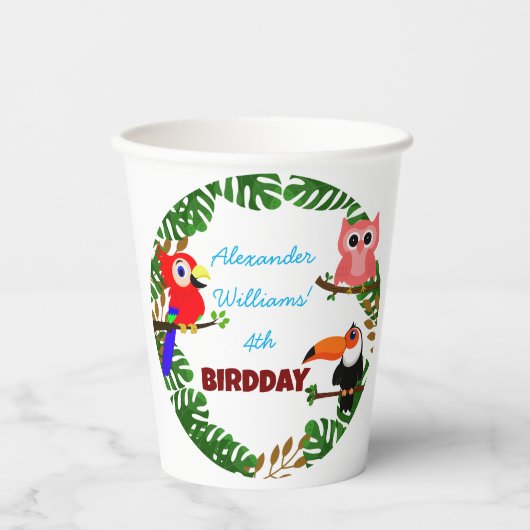 Regenwoud Schattigee Uil Parrot Toucan Vogels Verj Papieren Bekers (Voorkant)