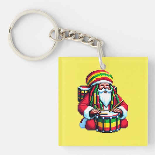 Reggae Santa Drummer - Leuke Pixel Art Kerst Sleutelhanger (voorkant)