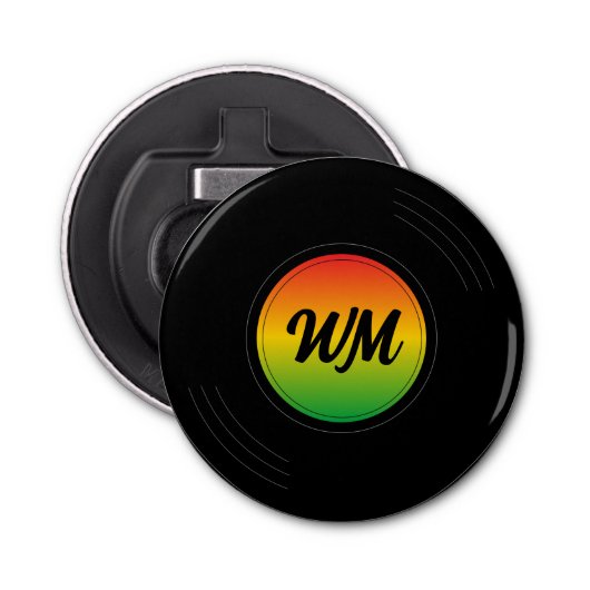 Reggae Vinyl Record Monogrammed Button Flesopener (Voorkant)