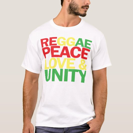 Reggae. Vrede, liefde en eenheid T-shirt (Voorkant)
