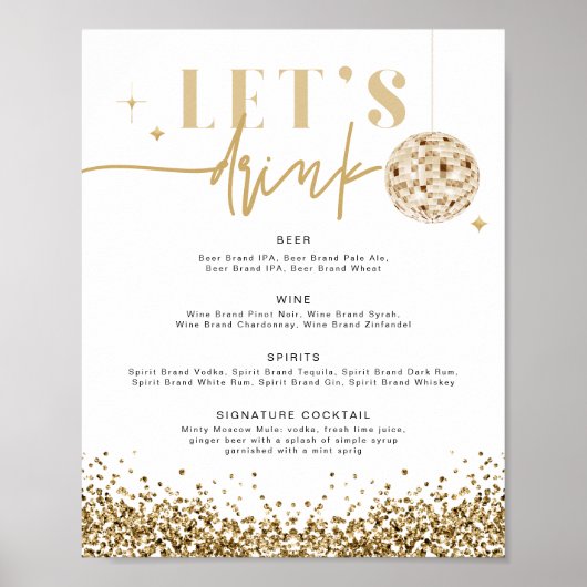 REGINA Geel Gouden Disco Let's Drink Bar Menu Pos Poster (Voorkant)