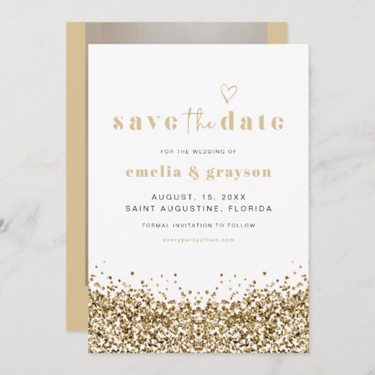 REGINA Gellow Gold Sequins Glitter Save Date Kaart (Voorkant / Achterkant)