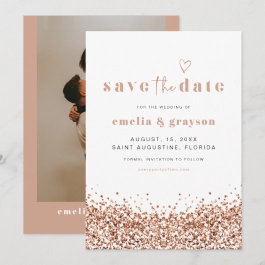 REGINA Roos Gold Sequins Glitter Save the Date Kaart (Voorkant / Achterkant)