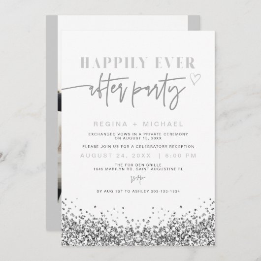 REGINA Silver Sparkle Sequin Elopement Receptie Kaart (Voorkant / Achterkant)