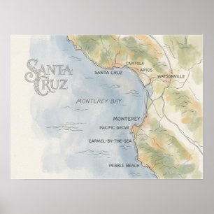 Regionale kaart van Monterey Bay, Californië Poster