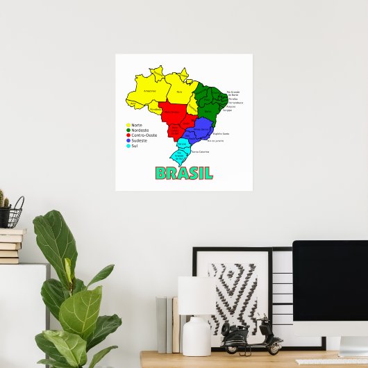 Regio's van Brasil Map Poster (Thuiskantoor)