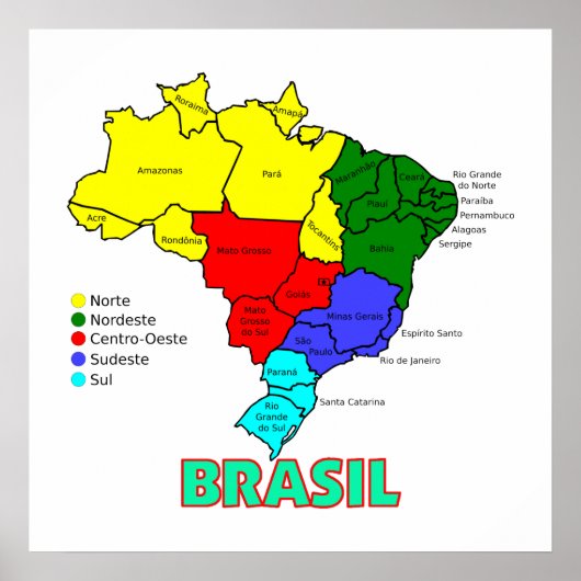 Regio's van Brasil Map Poster (Voorkant)