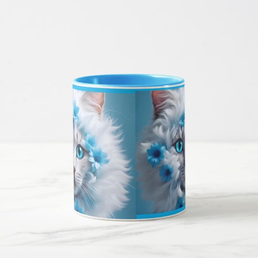Regular blue mug with beautiful white cat  mok (Midden)