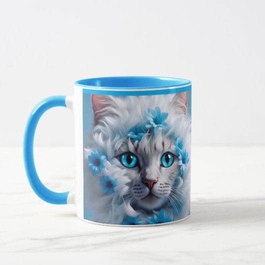 Regular blue mug with beautiful white cat mok (Links)