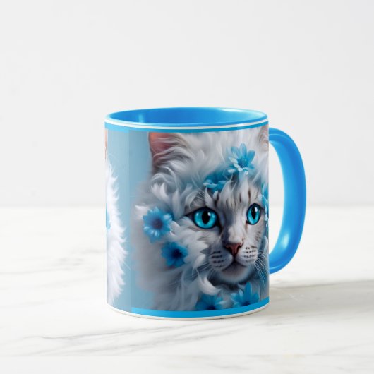 Regular blue mug with beautiful white cat mok (Voorkant rechts)