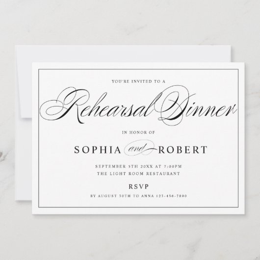 Rehearal binnenuitnodiging zwart op aangepaste kle kaart (Voorkant)