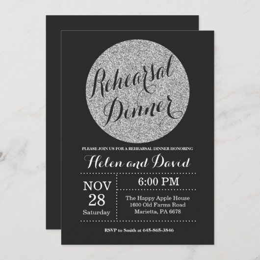 Rehearal Dinner Black en Silver Glitter Kaart (Voorkant / Achterkant)