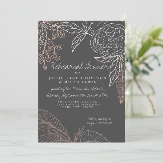 Rehearal Dinner Line Art Charcoal Floral Peony Kaart (Staand voorkant)