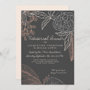 Rehearal Dinner Line Art Charcoal Floral Peony Kaart