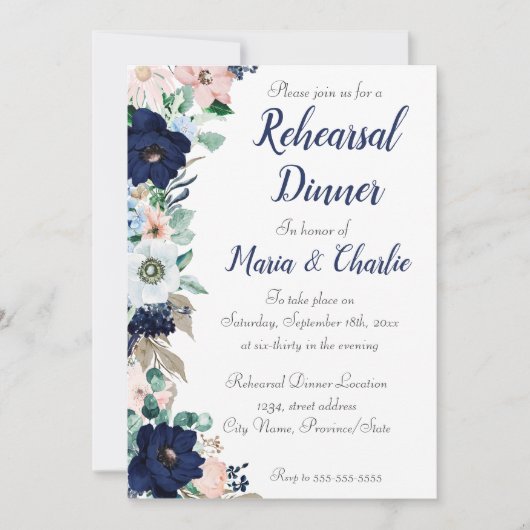 Rehearal Dinner navy blue Elegant Florals Kaart (Voorkant)