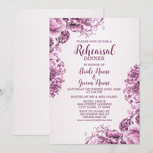 Rehearal Dinner Party Pink Flowers Lijst Elegant Kaart (Voorkant / Achterkant)