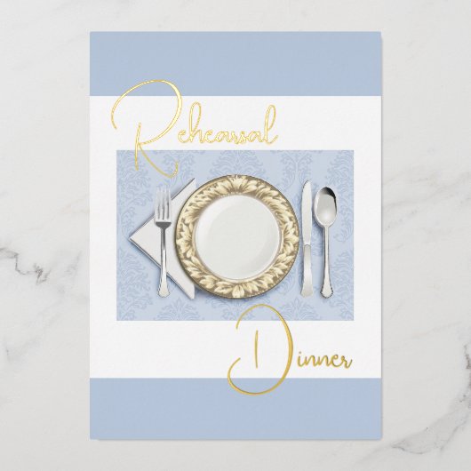 Rehearal Dinner Place Setting Folie Dusty Blue Folie Uitnodiging (Voorkant)